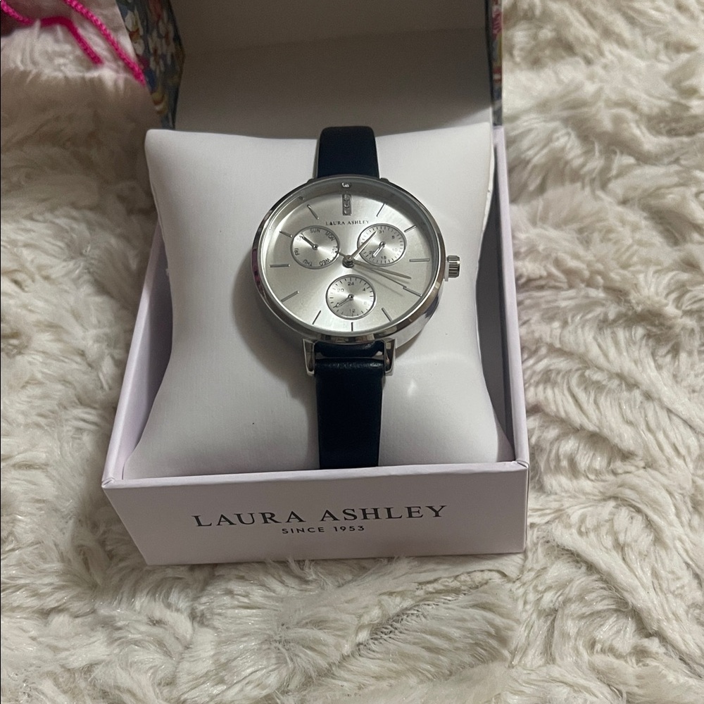 Laura Ashley Silver Dial with Black Leather Strap Watch